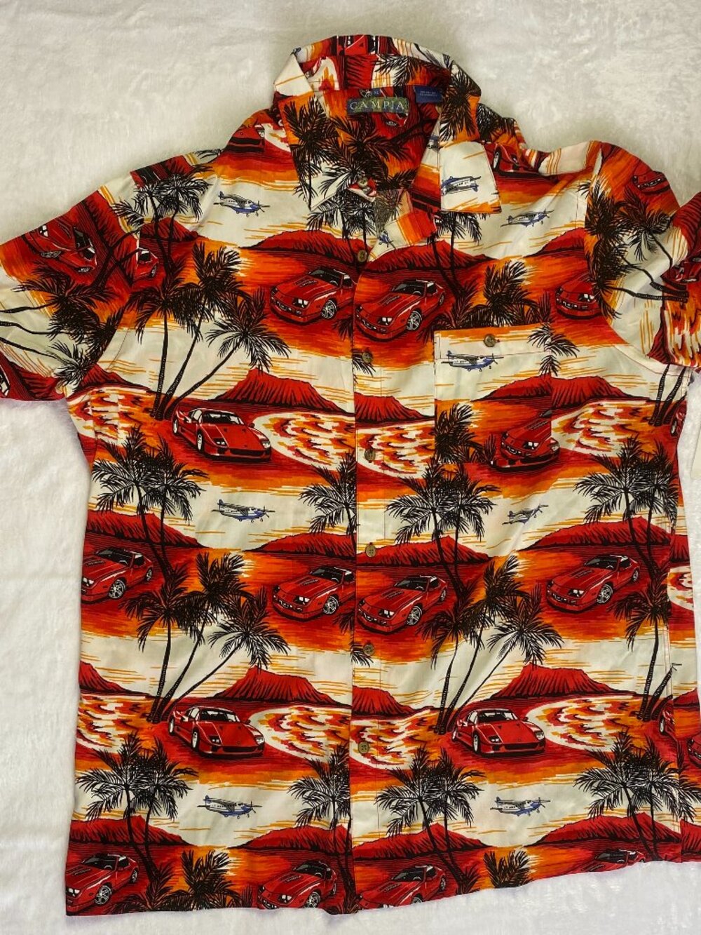 Campia Button Down Shirt Mens XL Orange Red Tropical Sports Car Rayon Stretch